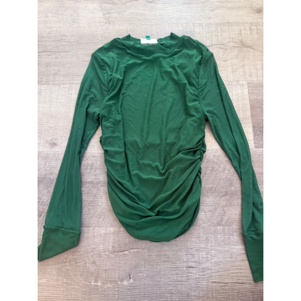 FARM Rio Green Ruched Long Sleeve Mesh Top XS